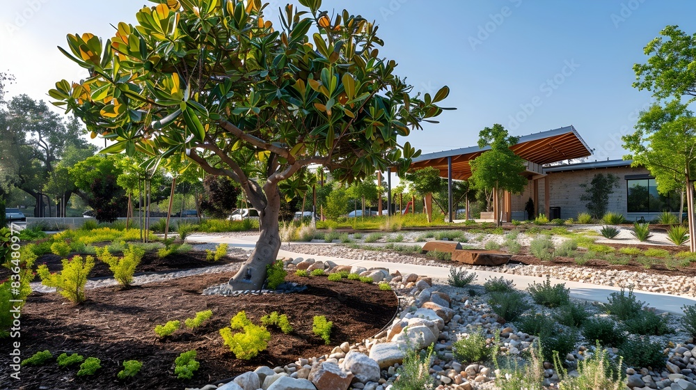 Fototapeta premium Lush Guppy Tree Enhances the Charm of a Community House Garden