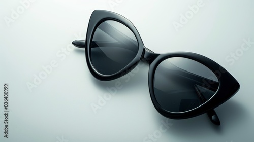 High-fashion black sunglasses on a plain white background, sharp studio lighting, ample space for advertising copy