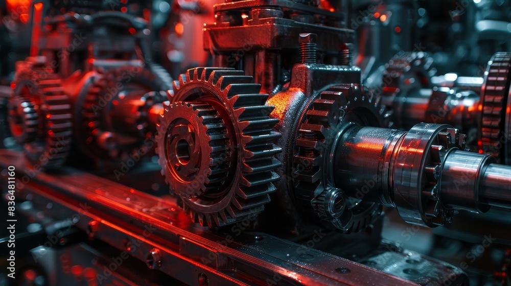 Fototapeta premium Detailed steel gears in an engine, with red light casting striking shadows and reflections on the metallic surfaces