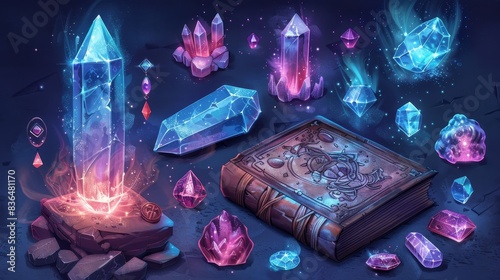 Detailed vector icons of gemstones, alongside a weathered spell book with glowing magical symbols on an ancient pedestal