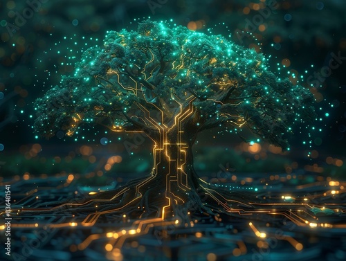 A tree with blue and green computer circuits running through the roots and branches, illustrating a concept of technology with biology, artificial intelligence, and green technology.  photo