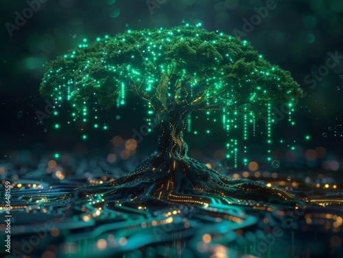 A tree with blue and green computer circuits running through the roots and branches, illustrating a concept of technology with biology, artificial intelligence, and green technology.  photo