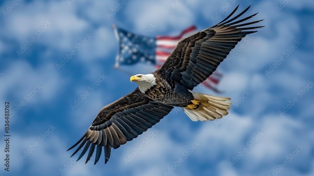 Majestic bald eagle flying over an American flag, with the flag unfurling across the sky Majestic bald eagle flying over an American flag, with the flag unfurling across the sky