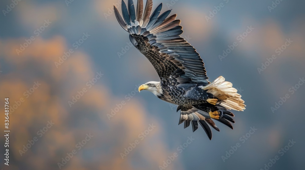 Obraz premium Majestic bald eagle in flight, soaring with an American flag waving in the background