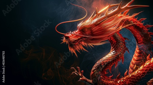 Majestic red Chinese dragon curling gracefully, set against a sleek black minimalistic background photo