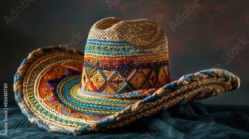 Mexican Sombrero hat with rich, colorful embroidery, close-up shot on a dark, empty space background, studio lighting photo