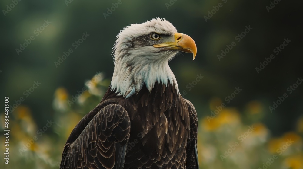 Proud bald eagle standing tall, with the American flag filling the background, symbolizing freedom Proud bald eagle standing tall, with the American flag filling the background, symbolizing freedom