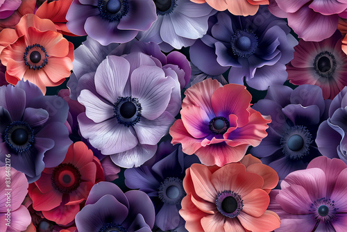 Seamless dark floral anemone pattern, realistic style. Generative ai