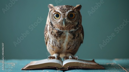 Wallpaper Mural Scholarly owl engrossed in a book, wearing round glasses, against a crisp green-blue isolated background, studio lighting Torontodigital.ca