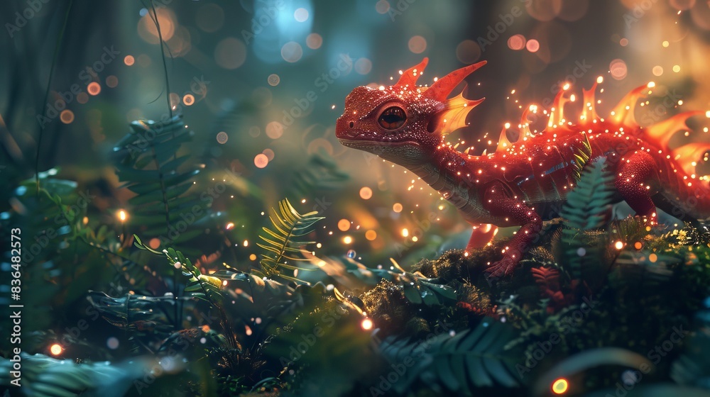 Tiny red dragon with glittering scales, exploring a magical forest full of vibrant, glowing plants Tiny red dragon with glittering scales, exploring a magical forest full of vibrant, glowing plants
