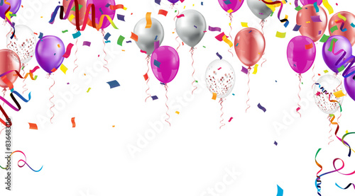 An array of vibrant balloons, confetti, and streamers float elegantly, suggesting a festive and celebratory mood