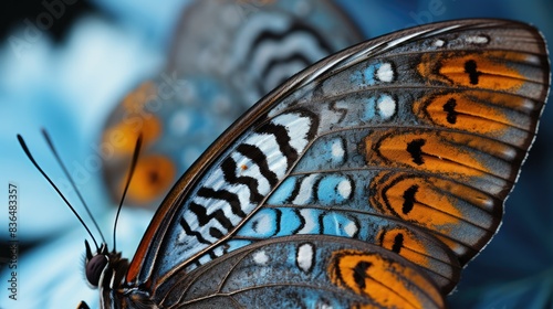 Photograph of a close-up shot of a butterfly's delicate wings, revealing intricate patterns and vibrant colors 