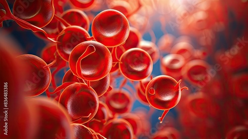 Photograph of a close-up view of red blood cells flowing through a capillary, highlighting their biconcave shape and hemoglobin-rich color. photo
