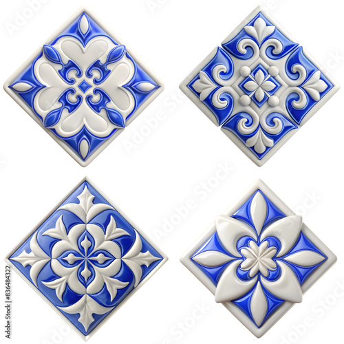 Elegant Blue and White Ceramic Tile Designs. PNG transparent image, AI generative