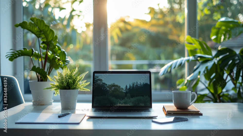 A desk with a laptop and plants. A desk with a laptop and plants.