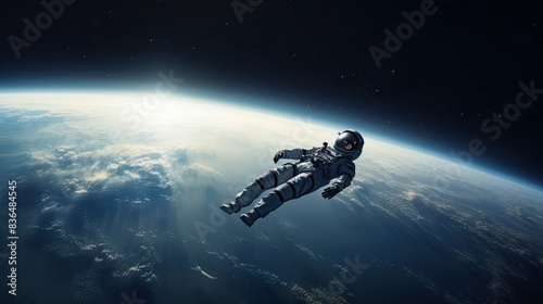 photograph of a lone astronaut floating in zero gravity, his spacesuit illuminated by the soft glow of the Earth in the distance  © Varunee