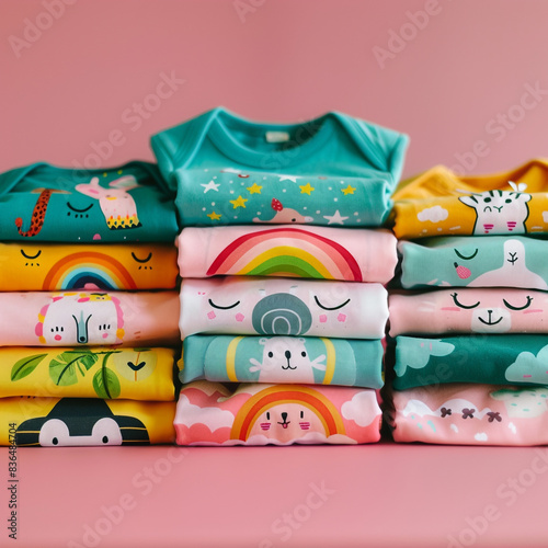 A row of miniature t-shirts featuring fun prints and slogans, from cute animals to playful phrases, sure to make your little one stand out in style. 