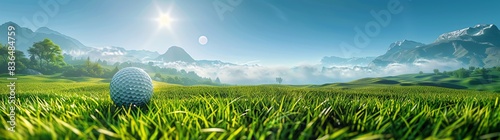 golf ball in the grass, green meadow with mountains and blue sky, bright sunlight, foggy background, panoramic view