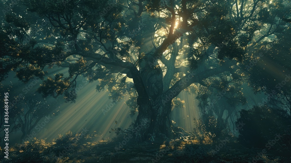 Dark dense forest the sun's rays pass through the trees, shadows. Big old tree in the center. Beautiful forest fantasy landscape. unreal world. Mysterious forest. 3D