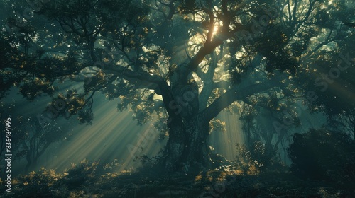 Dark dense forest the sun's rays pass through the trees, shadows. Big old tree in the center. Beautiful forest fantasy landscape. unreal world. Mysterious forest. 3D