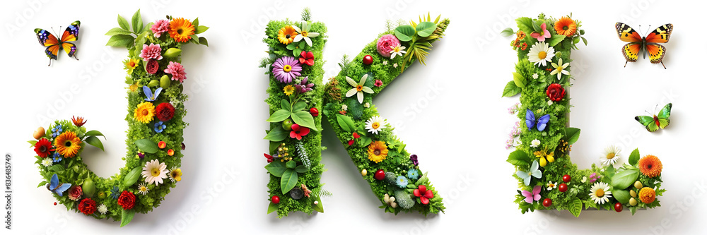 Fototapeta premium Letters J, K, L. Alphabet of Foliage with Flowers and Butterflies: A Green, Sustainable Alphabet