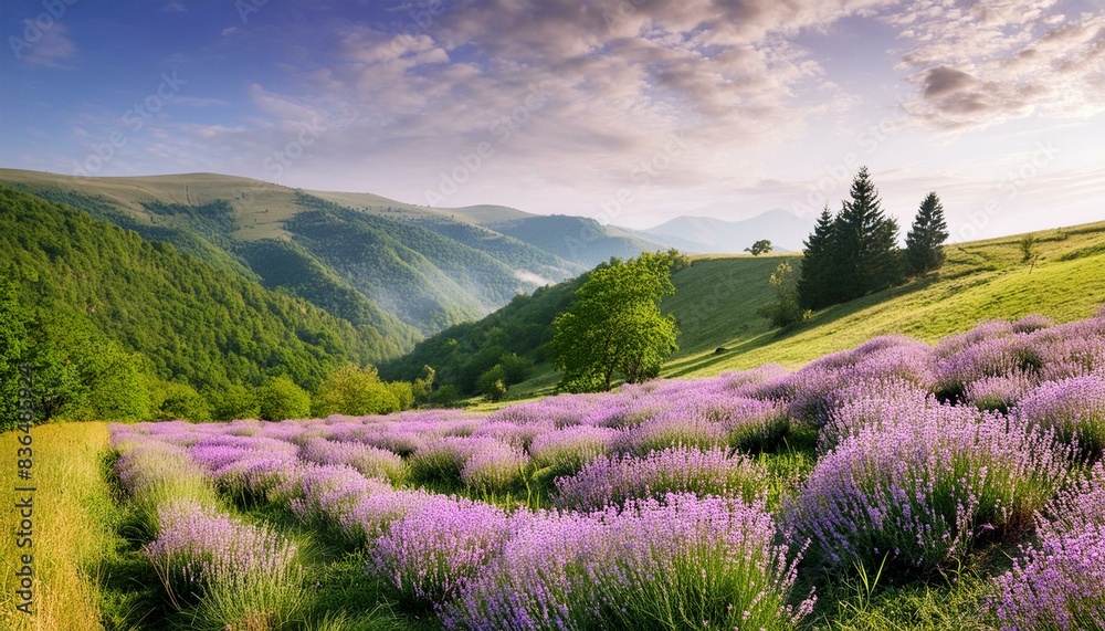 Hermoso paisaje de un campo de lavanda en plena floración de primavera, vemos destellos de rayos del sol que iluminan sus frondosas flores Hermoso paisaje de un campo de lavanda en plena floración de primavera, vemos destellos de rayos del sol que iluminan sus frondosas flores