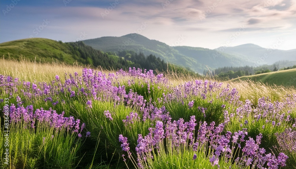 Hermoso paisaje de un campo de lavanda en plena floración de primavera, vemos destellos de rayos del sol que iluminan sus frondosas flores Hermoso paisaje de un campo de lavanda en plena floración de primavera, vemos destellos de rayos del sol que iluminan sus frondosas flores