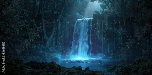 Dark fantasy night landscape with glowing blue waterfall in the middle of black forest  fantasy world background