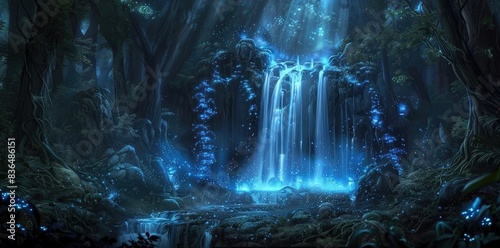 Dark fantasy night landscape with glowing blue waterfall in the middle of black forest, fantasy world background