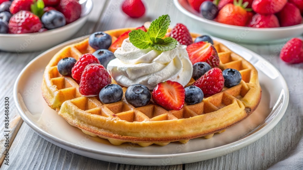 Freshly baked golden waffle topped with juicy mix of strawberries blueberries and raspberries and dollop of whipped cream on white ceramic plate. Freshly baked golden waffle topped with juicy mix of strawberries blueberries and raspberries and dollop of whipped cream on white ceramic plate.