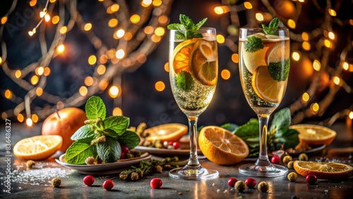 Sparkling champagne flutes, garnished with citrus slices and fresh mint, sit amidst festive decorations and confetti on a dark, velvet tablecloth, awaiting midnight toast. © Wanlop