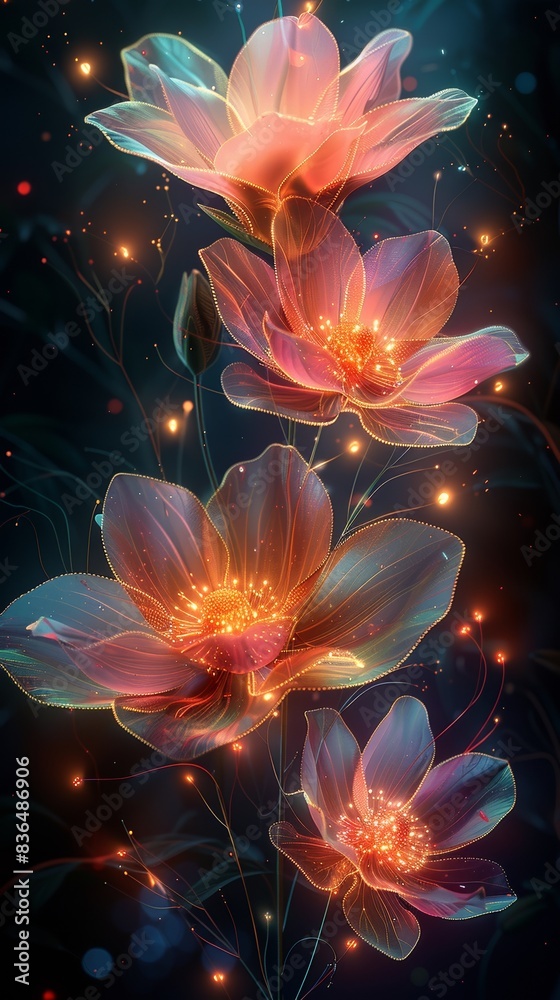 A glowing flower of lights on a dark background. A glowing flower of lights on a dark background.