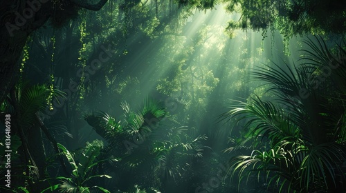 Dark rainforest  sun rays through the trees  rich jungle greenery. Atmospheric fantasy forest. 3D illustration