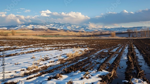 Snow melting in agricultural fields reveals beautiful natural scenery as winter transitions to spring