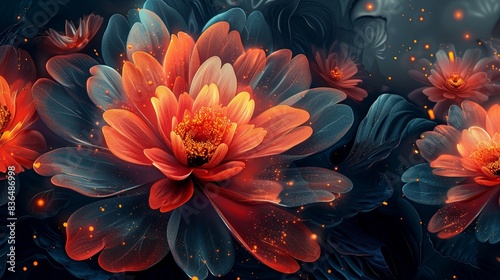 A glowing flower of lights on a dark background. 