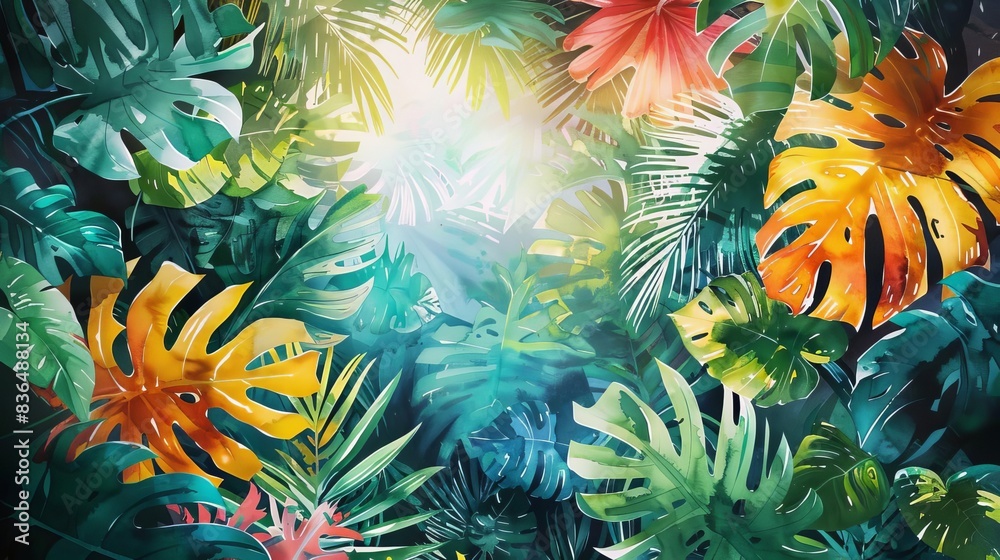 Illustrate a colorful birds-eye view of a dense rainforest canopy, showcasing the intricate patterns of sunlight filtering through the leaves, using vibrant watercolor techniques Illustrate a colorful birds-eye view of a dense rainforest canopy, showcasing the intricate patterns of sunlight filtering through the leaves, using vibrant watercolor techniques
