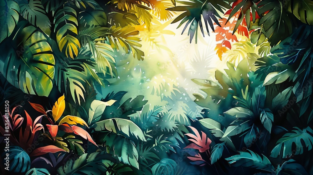 Illustrate a colorful birds-eye view of a dense rainforest canopy, showcasing the intricate patterns of sunlight filtering through the leaves, using vibrant watercolor techniques Illustrate a colorful birds-eye view of a dense rainforest canopy, showcasing the intricate patterns of sunlight filtering through the leaves, using vibrant watercolor techniques