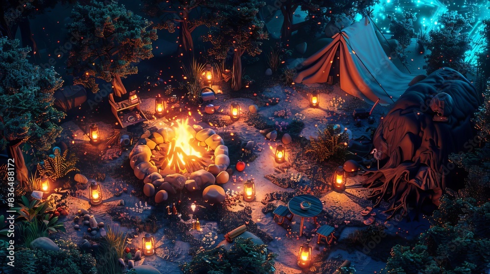 Fototapeta premium Illustrate a cozy camping scene from a birds-eye view
