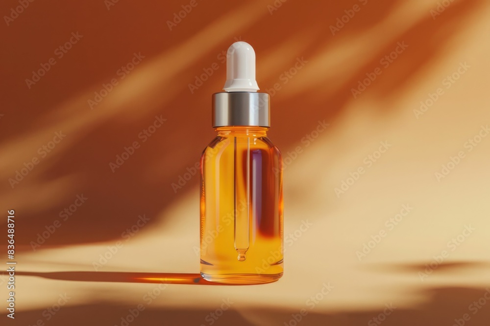 Glass bottle with white dropper lid with serum on brown background in sunlight. Orange essence in transparent unmarked container. Mockup of cosmetic product for skin care Glass bottle with white dropper lid with serum on brown background in sunlight. Orange essence in transparent unmarked container. Mockup of cosmetic product for skin care