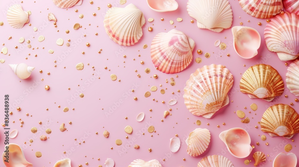 Soft pink background with gold seashell illustrations. Soft pink background with gold seashell illustrations.