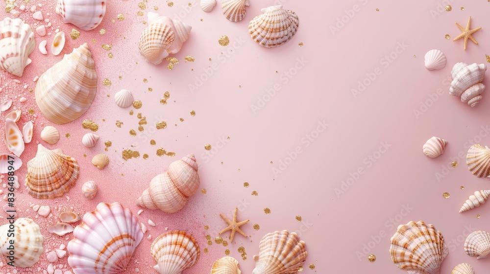 Soft pink background with gold seashell illustrations. Soft pink background with gold seashell illustrations.