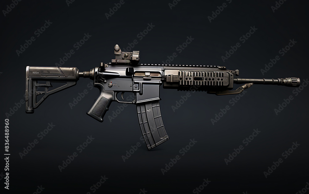 Modern assault rifle on a black background with reflection. Studio shot. Modern assault rifle on a black background with reflection. Studio shot.