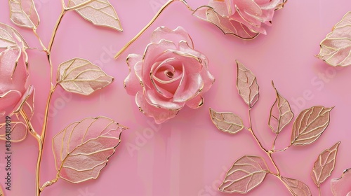 Fototapeta Naklejka Na Ścianę i Meble -  Romantic pink background with gold rose outlines.