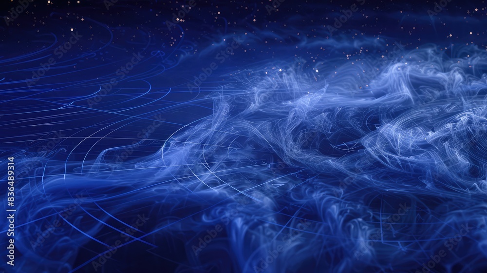Indigo vapor tracing minimalist lines on a celestial map, modern cosmic art.