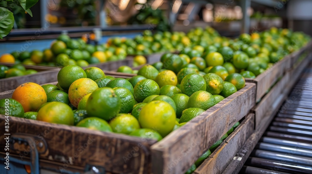 Packed bergamot crates on a conveyor belt, ready for distribution, highlighting the fresh fruit and wooden crates Packed bergamot crates on a conveyor belt, ready for distribution, highlighting the fresh fruit and wooden crates