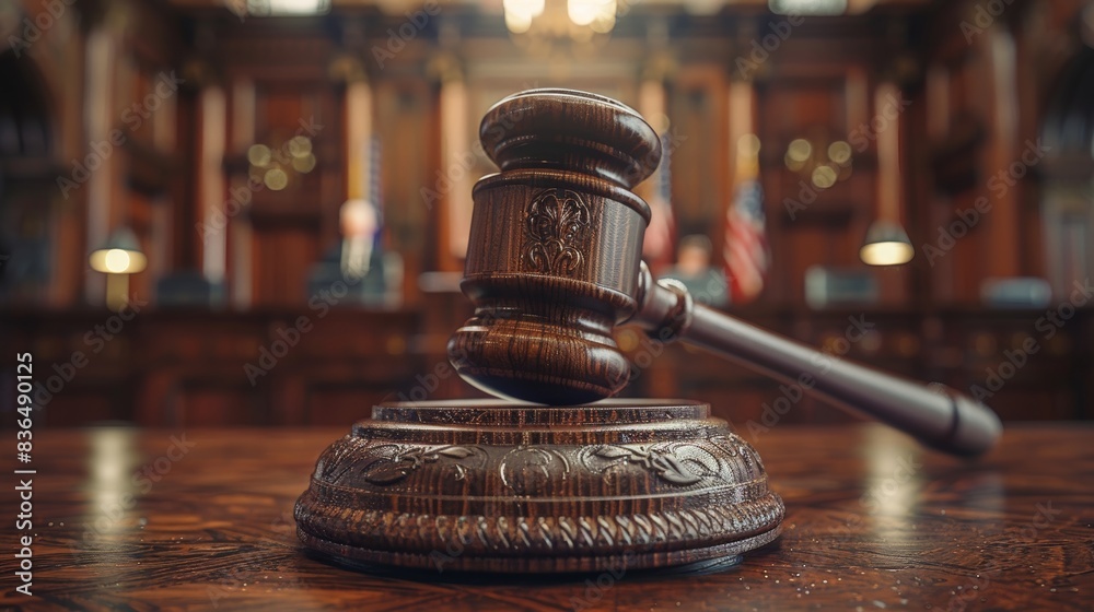 Macro shot of the gavel's head, showing intricate wood grain, with blurred courtroom scene in the background, symbolizing justice Macro shot of the gavel's head, showing intricate wood grain, with blurred courtroom scene in the background, symbolizing justice