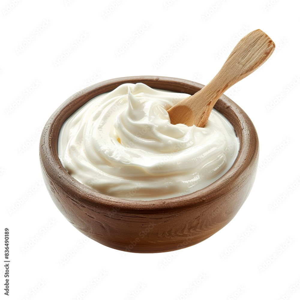 Full-Fat Yogurt in Wooden Bowl with Wooden Spoon isolated on transparent background Full-Fat Yogurt in Wooden Bowl with Wooden Spoon isolated on transparent background