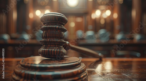 Macro shot of the gavel's head, showing intricate wood grain, with blurred courtroom scene in the background, symbolizing justice