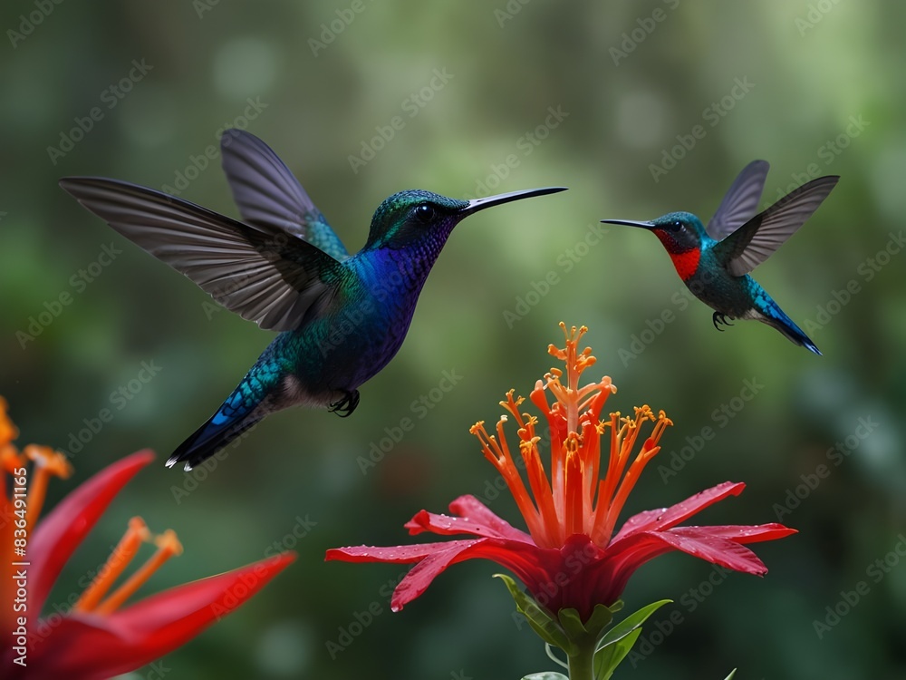 Obraz premium Blue hummingbird Violet Sabrewing flying next to beautiful red flower. Tinny bird fly in jungle. Wildlife in tropic Costa Rica. Two bird sucking nectar from bloom in the forest. Bird ... See More