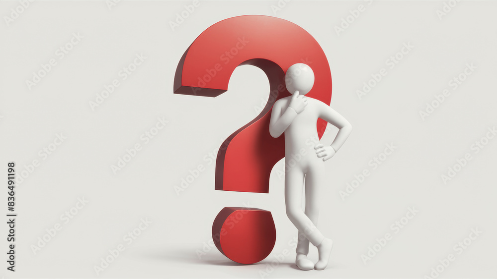 3D Figure Leaning on Red Question Mark with Copy-Space 3D Figure Leaning on Red Question Mark with Copy-Space